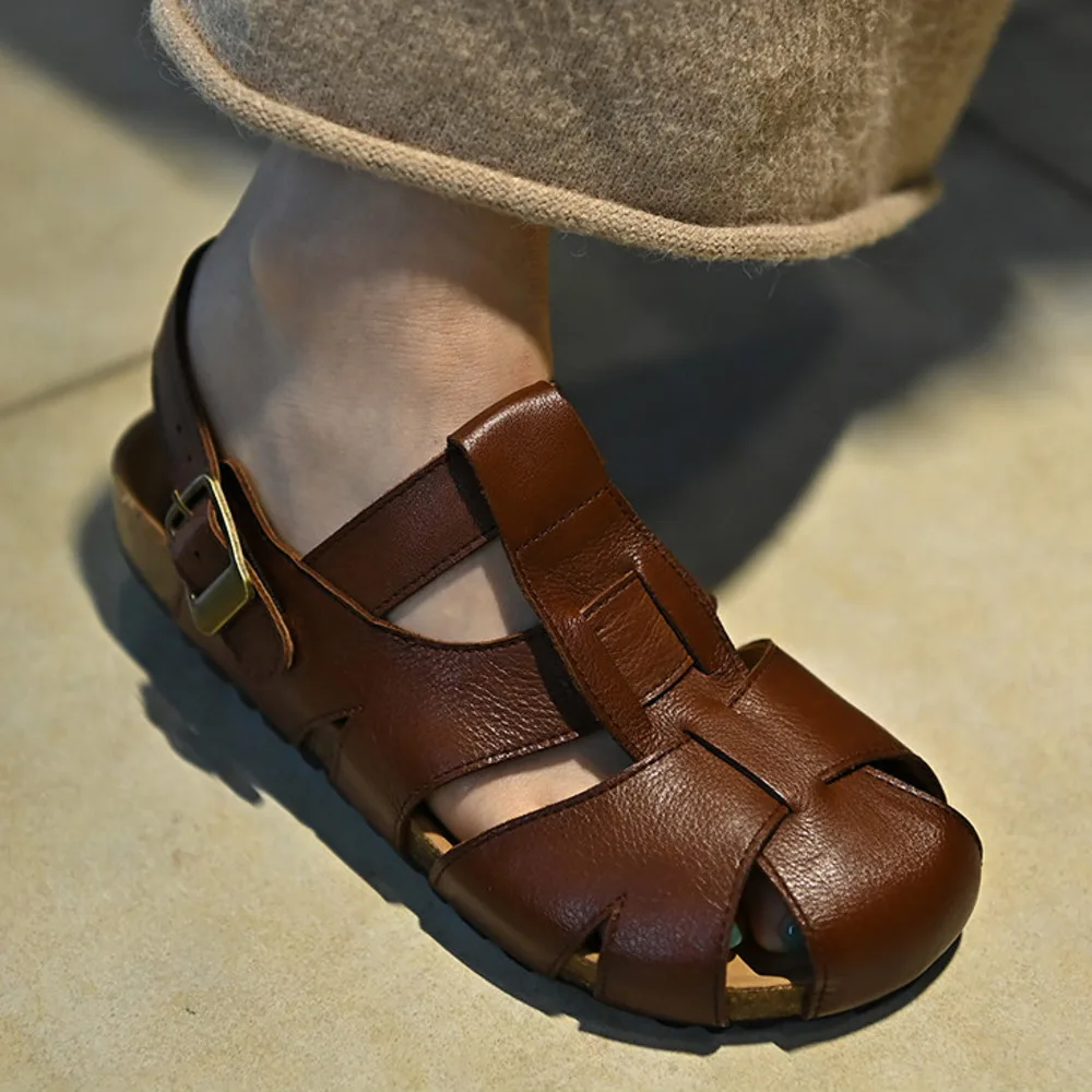 Women Dark Brown Genuine Leather Roman Sandals Woven Closed Toe Slingback Cork Footbed Antique Brass Buckle Flat Shoes