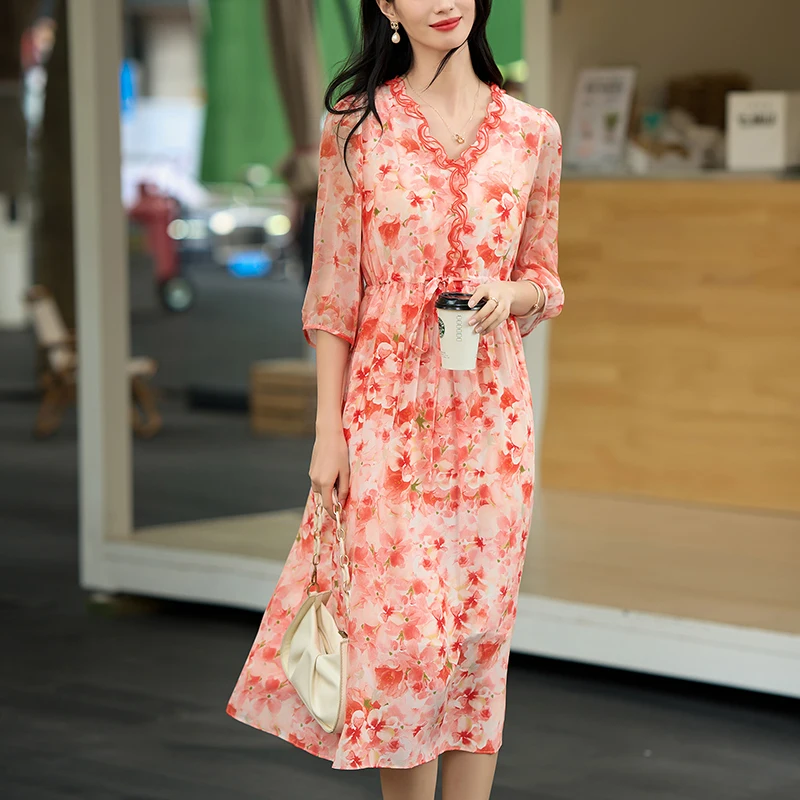 Prairie Chic Elegant Dresses for Women Spring Summer 100% Real Silk V-neck Three Quarter Sleeve Floral Print Women's Long Dress