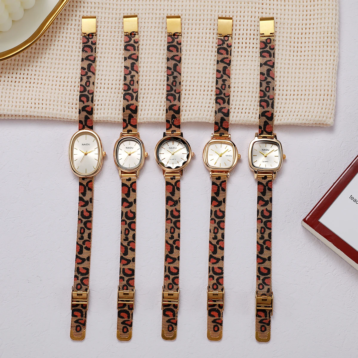 Women's Leopard Print Watch Gold Color Mesh Band Geometric Dial Fashion Dress Wristwatch Jewelry Gift