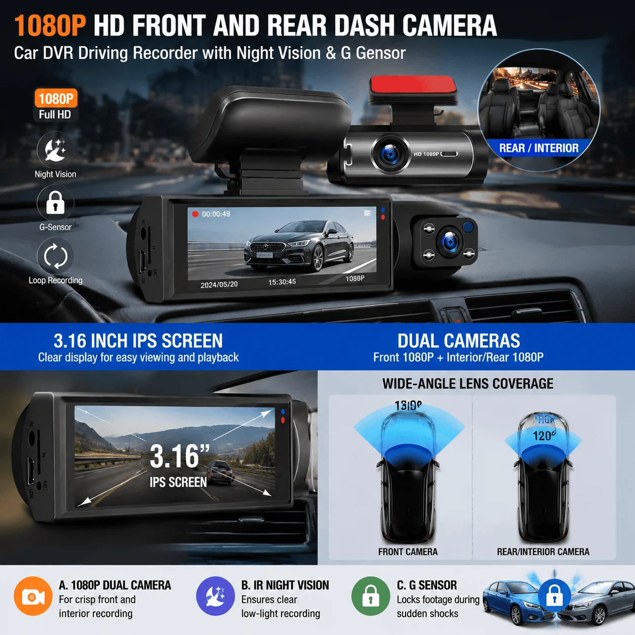 Vehicle Security Surveillance Dash Cam Dual Lens Front and Cabin 1080P HD 3.16 Inch IPS Screen Zinc Alloy Dashboard Camera IR Night Vision G Sensor Parking Monitor Recorder Tooling Gears