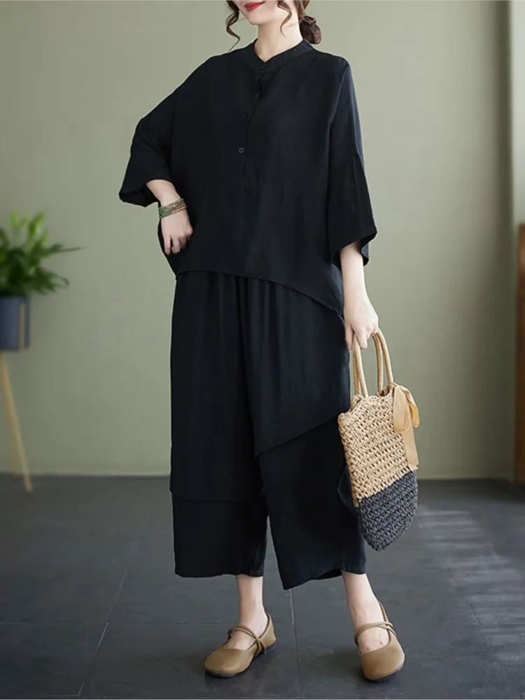 Oversized Summer 2 Two Piece Set Women Casual Fashion Loose Pullover Ladies Blouses Wide Leg Pleated Elastic Waist Woman Pants