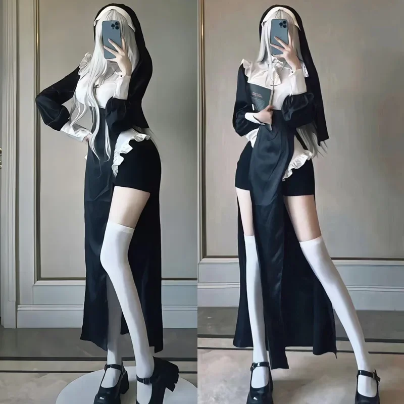 Anime Sexy Nuns Cosplay Uniform PreCure Black Costumes for Women Adult Sister Act Cross Dressing Halloween