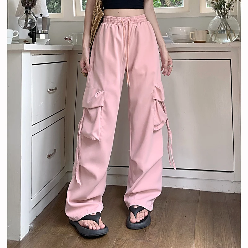 2025 Ins Fashion Lady High Waist Trousers Girls Streetwear Loose Fit Cargo Pants Women Korean Solid Color Wide Leg Pants