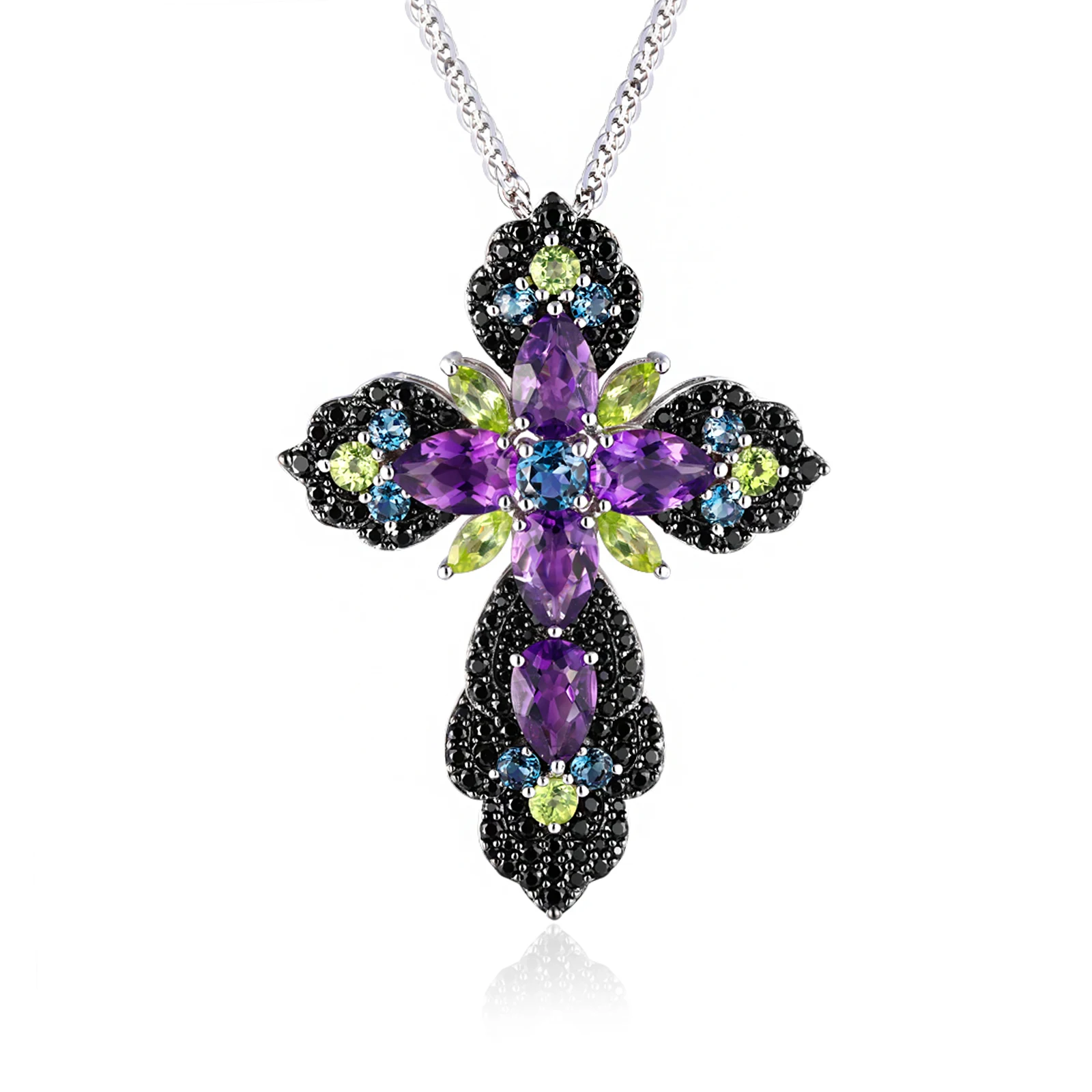 

SEASKY Natural Topaz Black Spinel Gem handmade Fashion Jewelry 925 Sterling Silver Pendants Cross Necklace