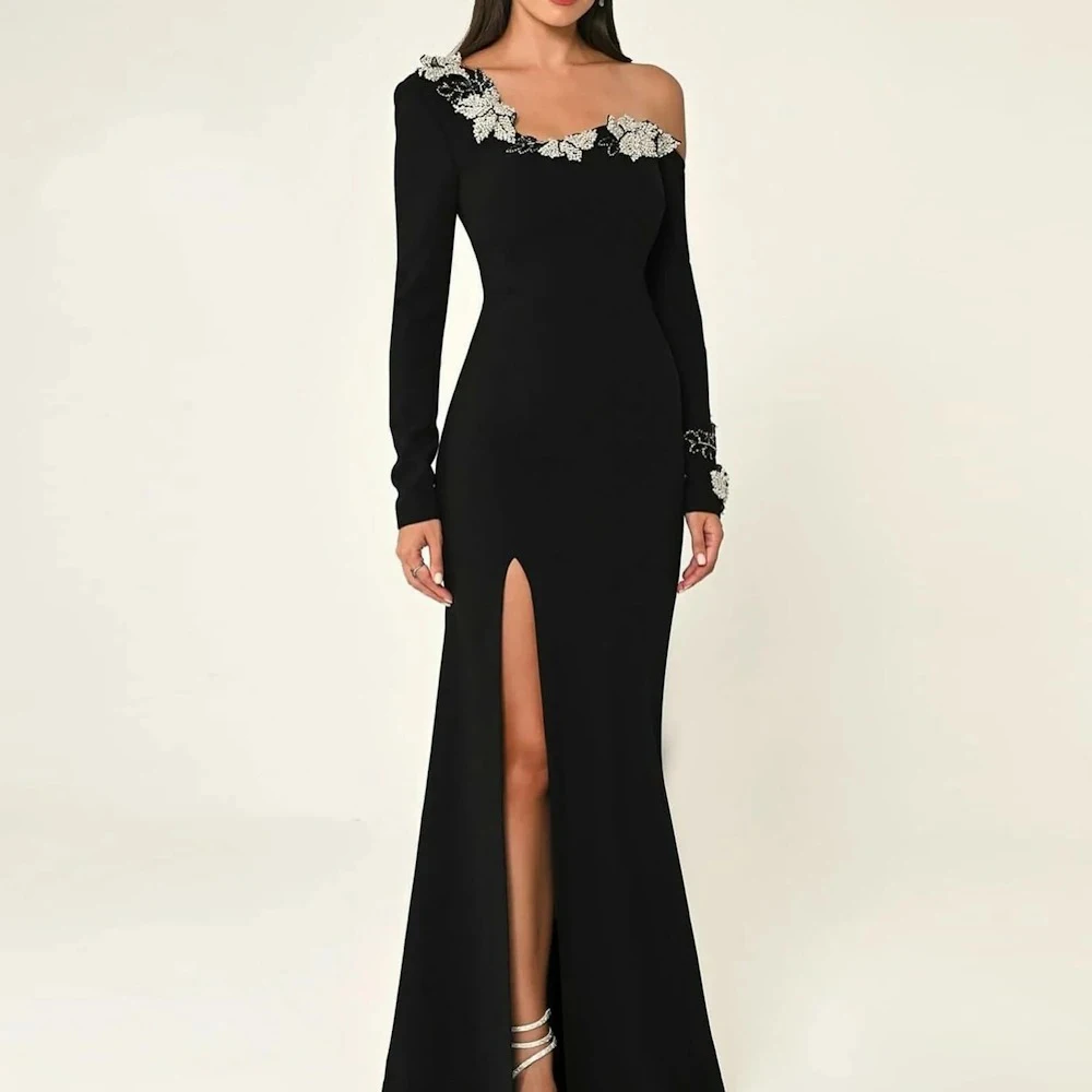 

Black Elegant Mermaid Party Dresses Embroidery Long Sleeve Floor Length Saudi Dubai Robe Women Formal Evening Gala Dress فساتين