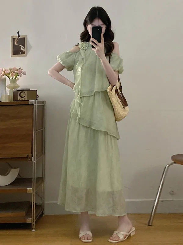 Vestido de verano de talla grande para mujer con volantes en los hombros, manga corta, nuevo, con cintura ajustada y falda acampanada que disimula la figura.