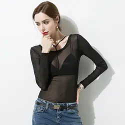 Sexy Women Long Sleeve T-shirt Sheer Mesh Thin Lace Tops Women Blouse Sun Protection Slim T Shirt Shirts Y2k Black White