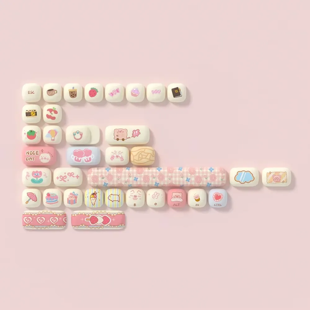 Pink Piggy Party Keycap MOG Profile Thermal Sublimation PBT Round Cute Mantou Keycaps for Mechanical Gaming Keyboard Girls Gifts