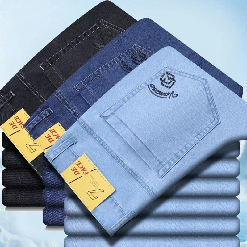 Summer New Business Casual Ice Silk Jeans Fashion Men's Slim Straight Versatile Denim Pants Lyocell Fabric Ice Y2K Thin Jean