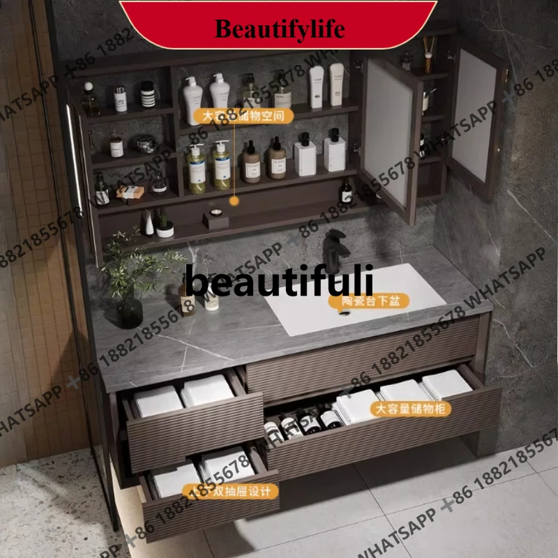 CC178 Modern Streamlined Look Sleek Bathroom Furniture Set With Intelligent Bathroom Vanity Seamless Stone Slab Ceramic Basin