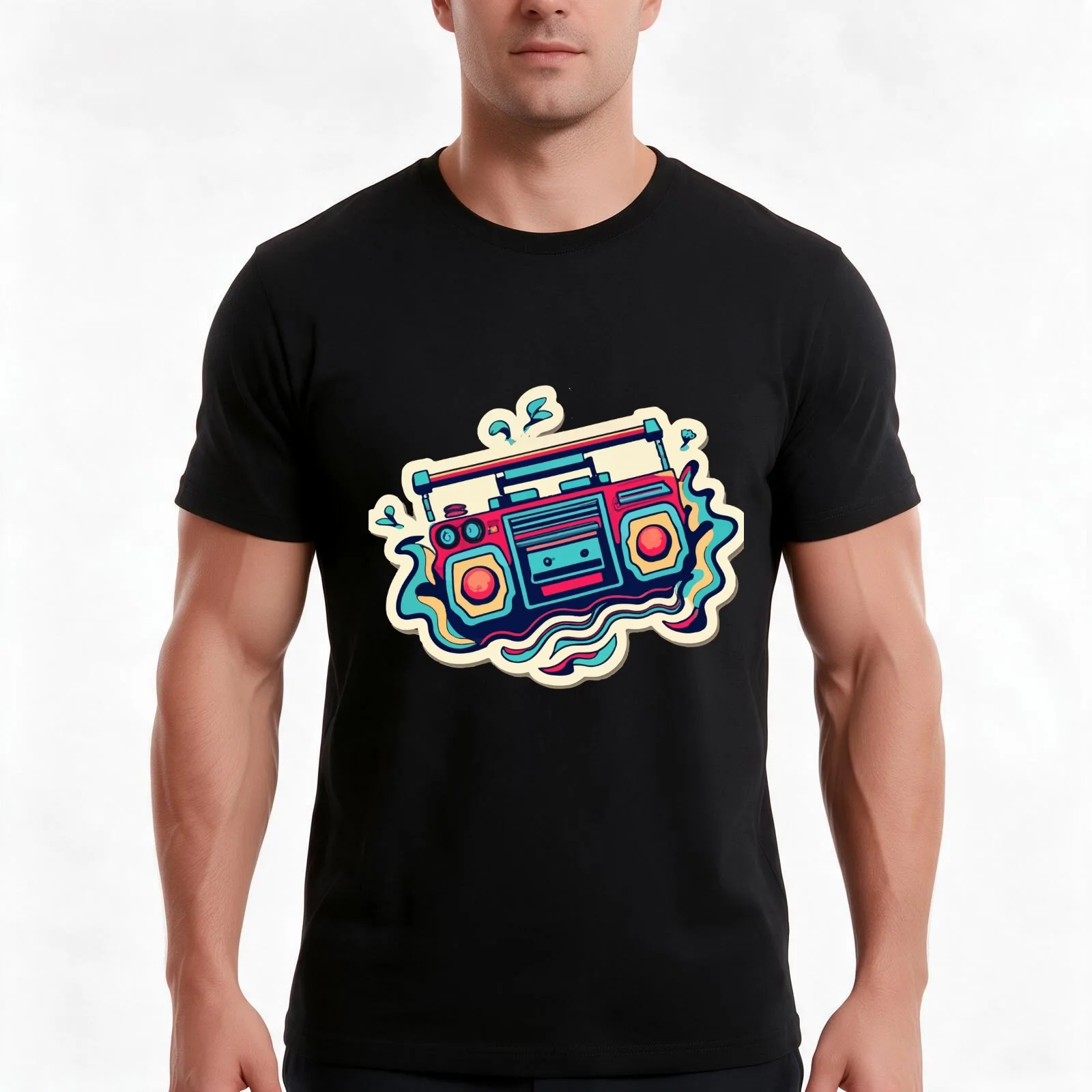 Retro Boombox with Sound Waves T-Shirt, Summer Casual Cotton Tee, Oversized Streetwear Tops, Vintage Graphic Print, 100% Cotton
