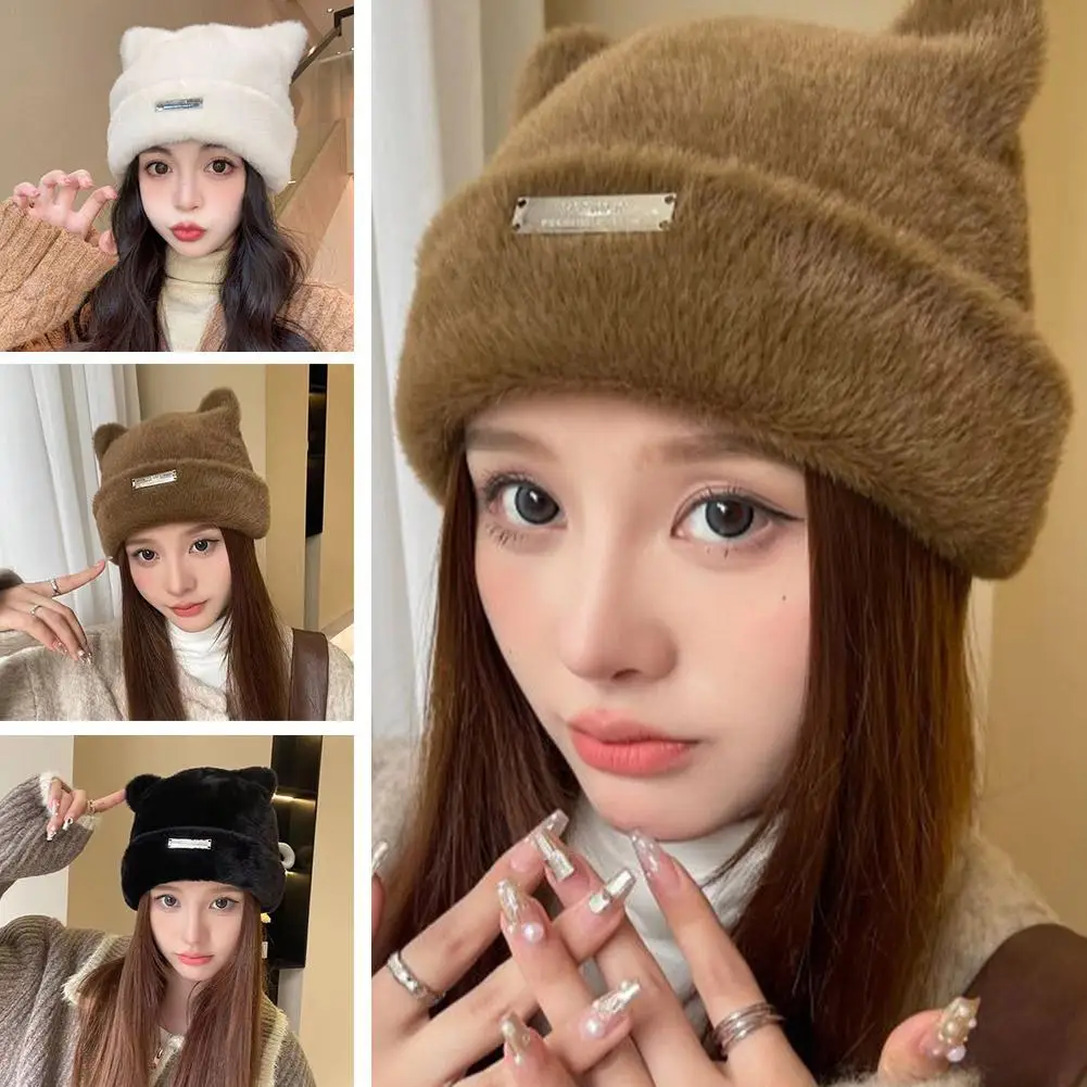 Cute Cat's Ears Imitation Mink Fur Knitting Hat Fashionable Warm Woolen Hat Soft Comfortable Big Head Circumference Hat