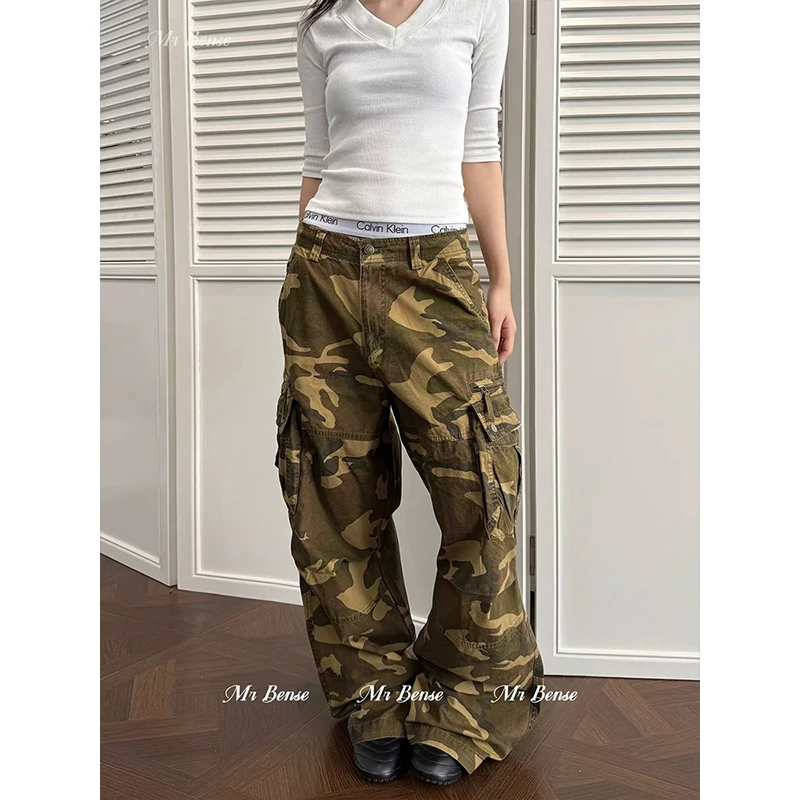 Washed Multipocket Green Camouflage Women's Casual Cargo Pants Loose Wide Leg Curved Denim Pants High Street Trousers