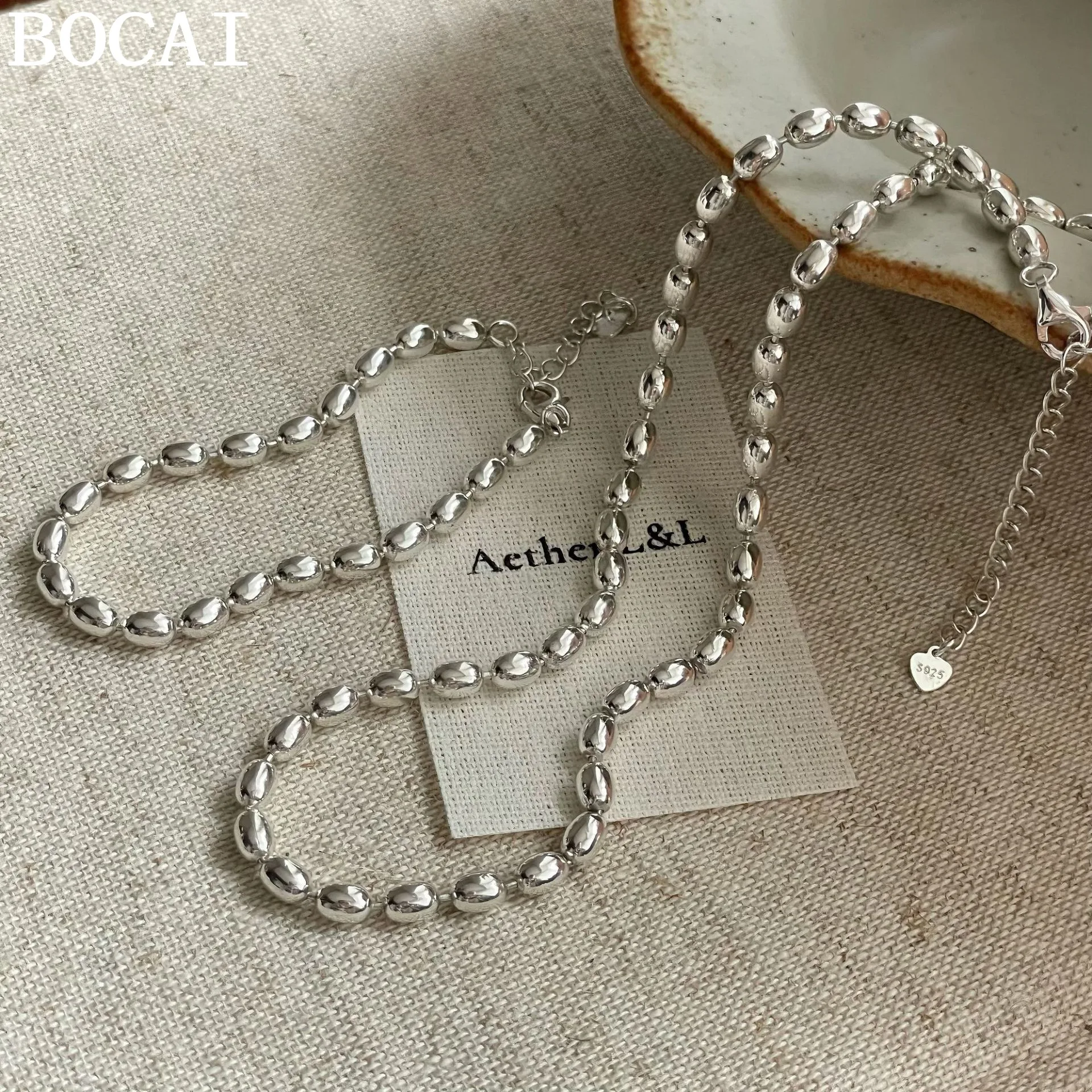 BOCAI New Simple and Versatile s925 Pure Silver Rice Beads Necklace and Bracelet Women's Choice Gift