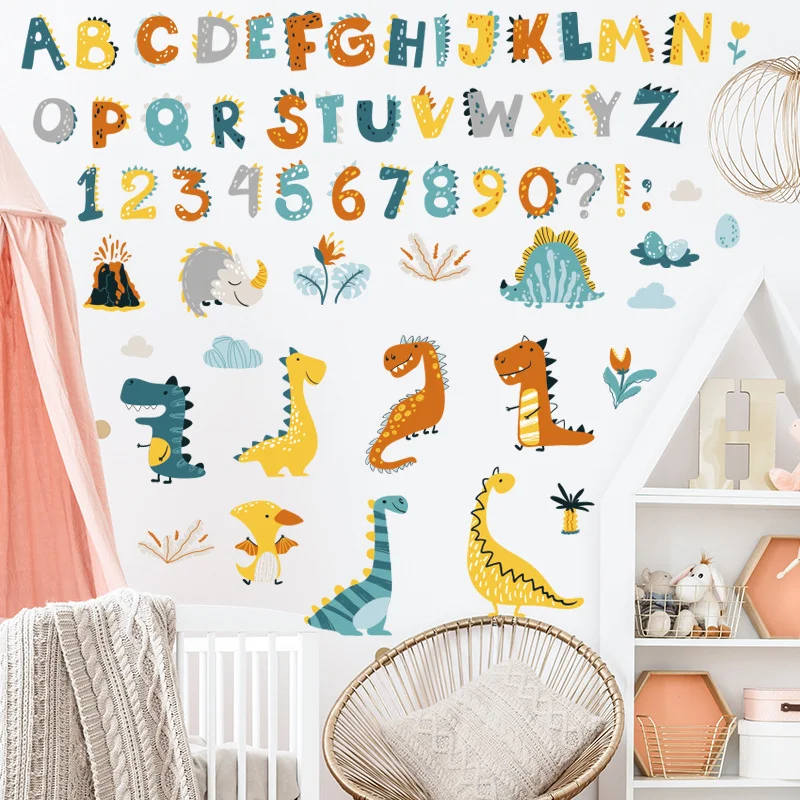 Cartoon Dinosaur Alphabet Number Wall Stickers, Colorful ABC 123 Dino Volcano Kids Nursery Bedroom Decor