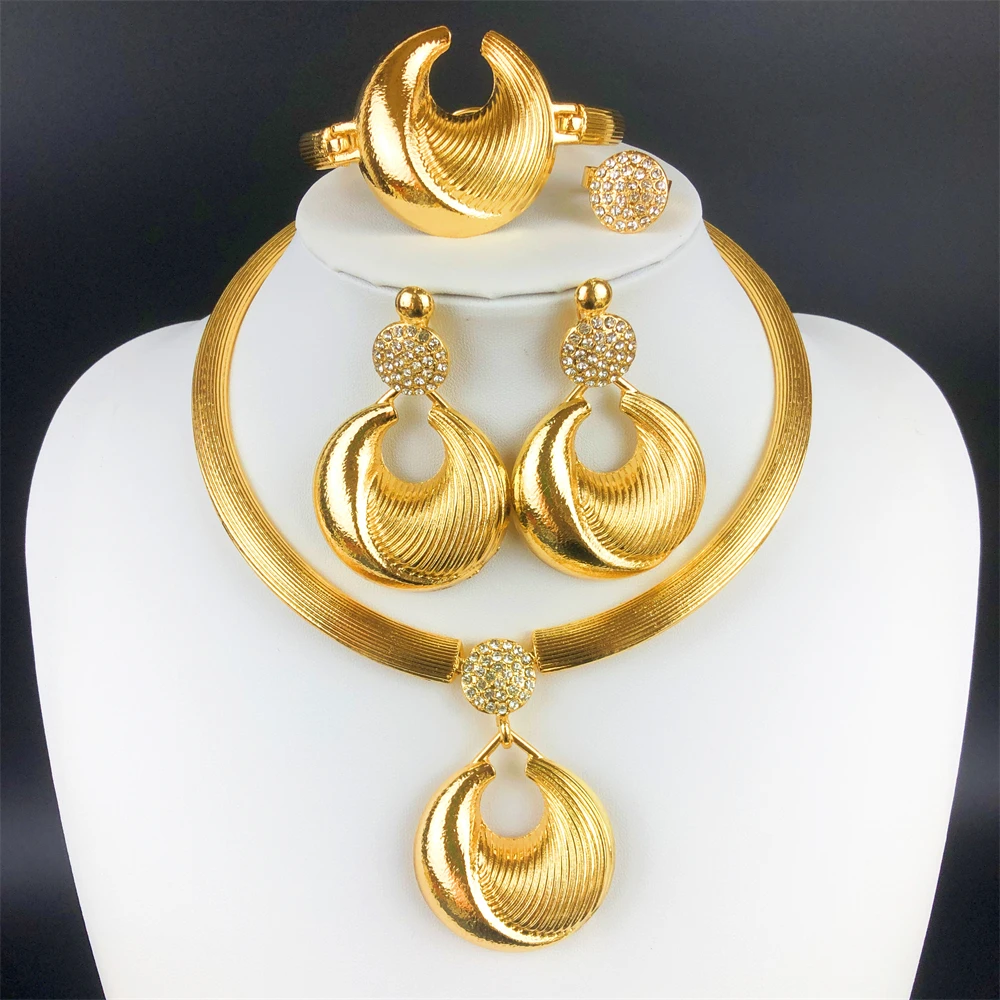 

ESALE Classic Design Women Jewelry Set High Quality Dubai Nigeria Gold Plated Choker Set Big Pendant Earrings Bracelet Ring Gift