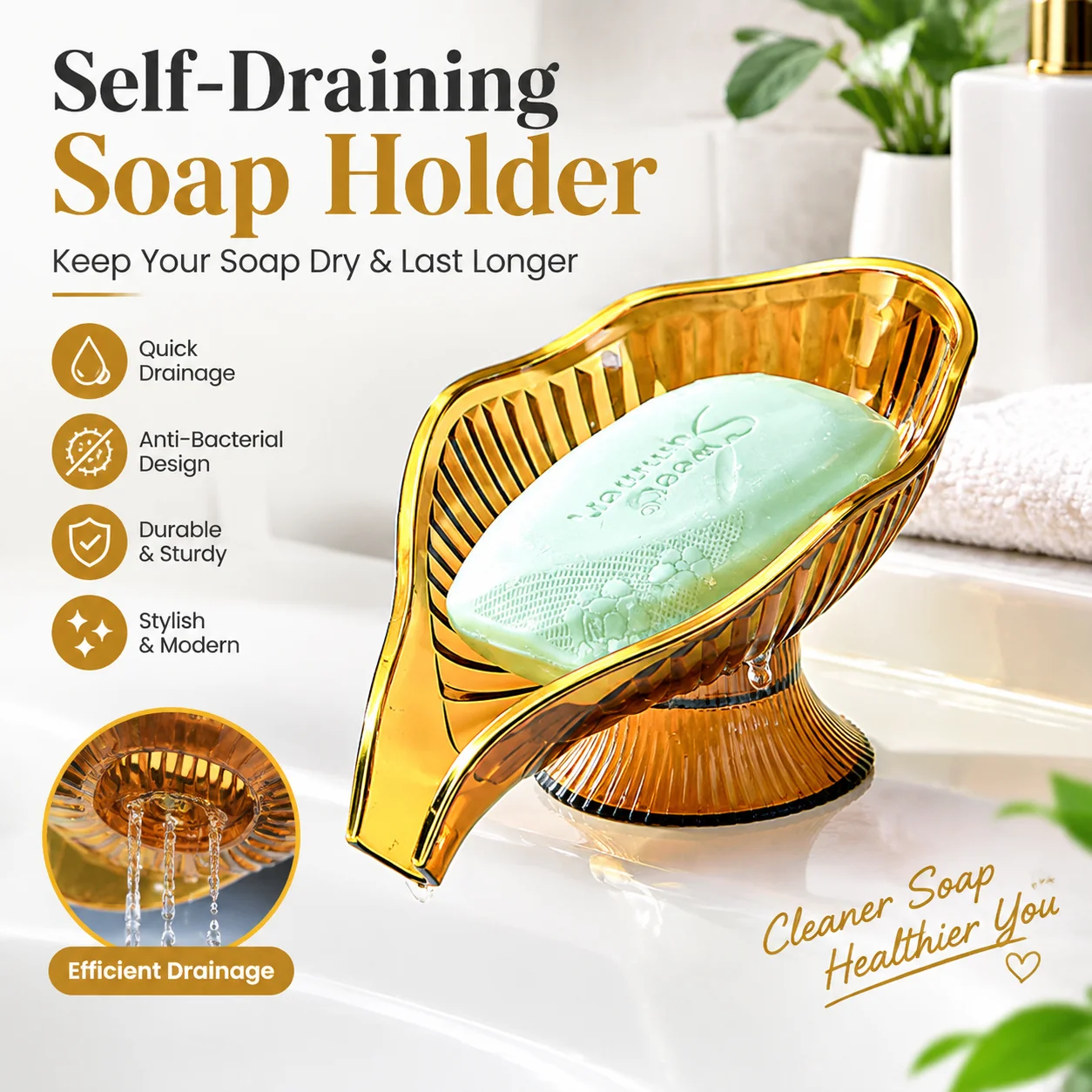 Luxury Gold Foil Soap Holder Drill-Free Bathroom Wall Mounted Creative Drainage Soap Dish Rack Home Accessories