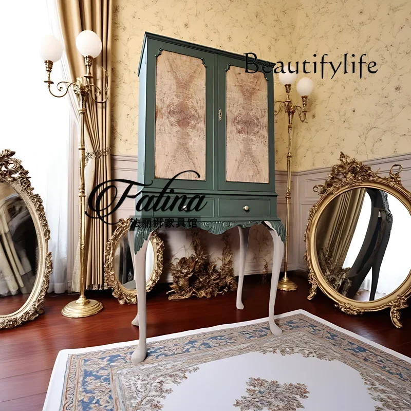 

aQ WW French Wine Cabinet Living Room Against The Wall Dining Side Cabinet Integrated Solid Wood Carving Flower Home Display Cab