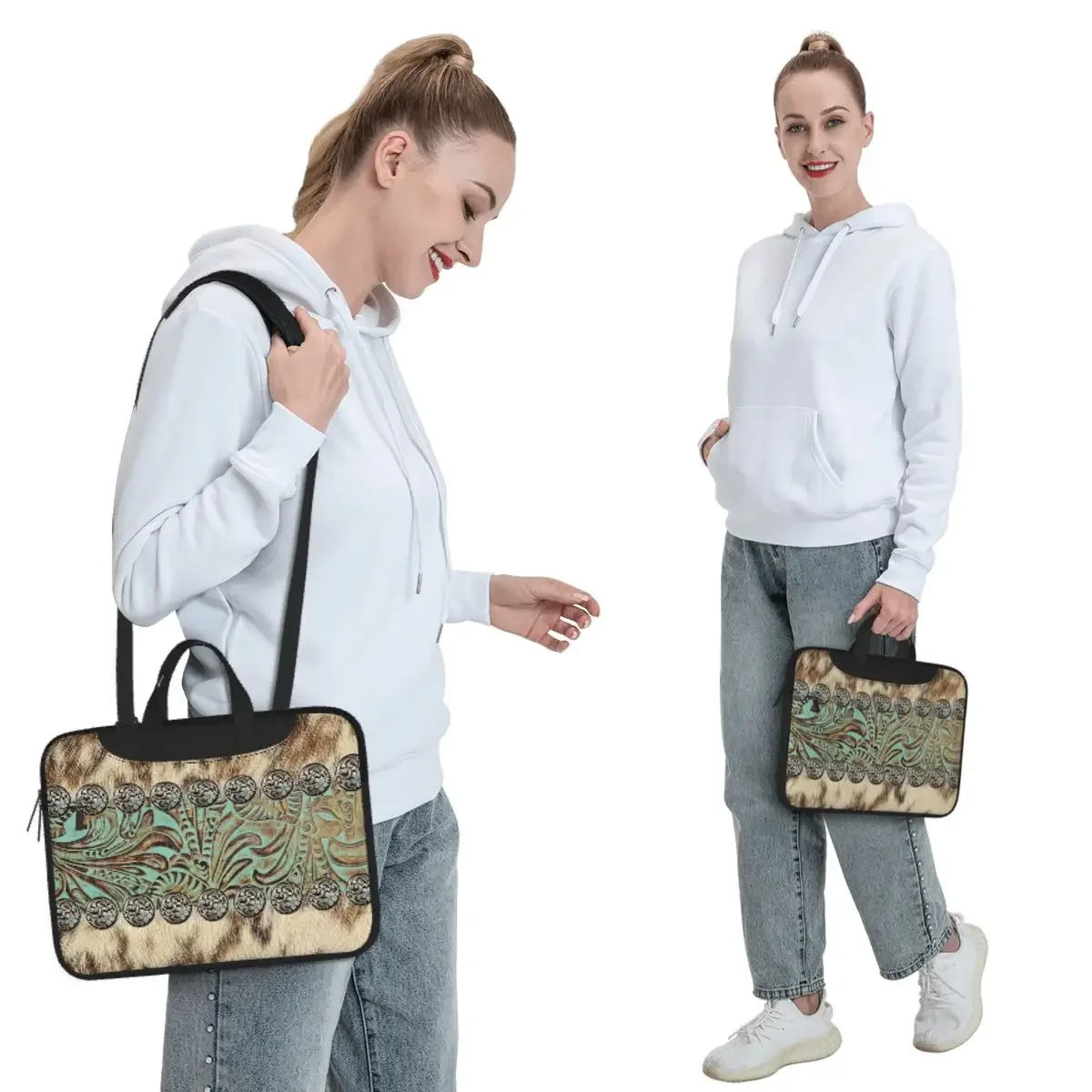 Rustic Brown Beige Teal Western Country Cowboy Fashion Crossbody Laptop Bag Case Computer Bag 13 14 15.6 Inch Notebook Pouch