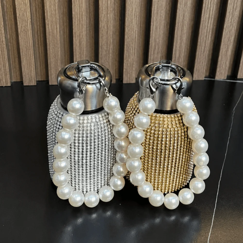 300ml Rhinestone Thermos Cup Leak-Proof Creative Glitter Coffee Cup Shining with Chain Stainless Steel Water Bottle Travel