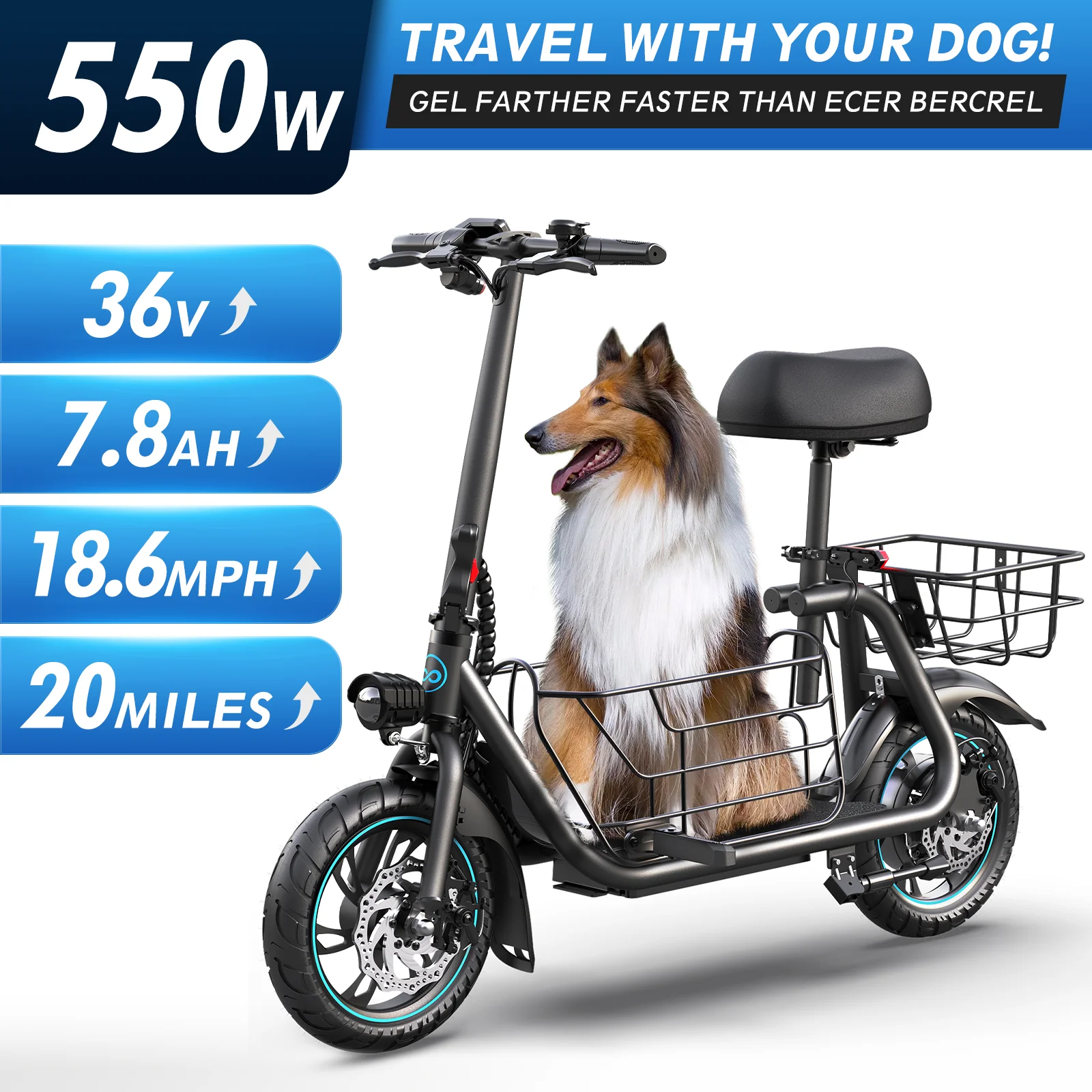 Gyroor Electric Scooter with Basket for Pet, 3 Riding Modes Foldable Electric Scooter for Adults - up to 20 Miles 18.6MPH