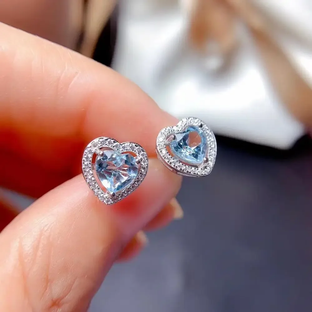 Natural Aquamarine Stud Earrings Heart Shape Gemstone Women's Jewelry Genuine 925 Silver Girls Party