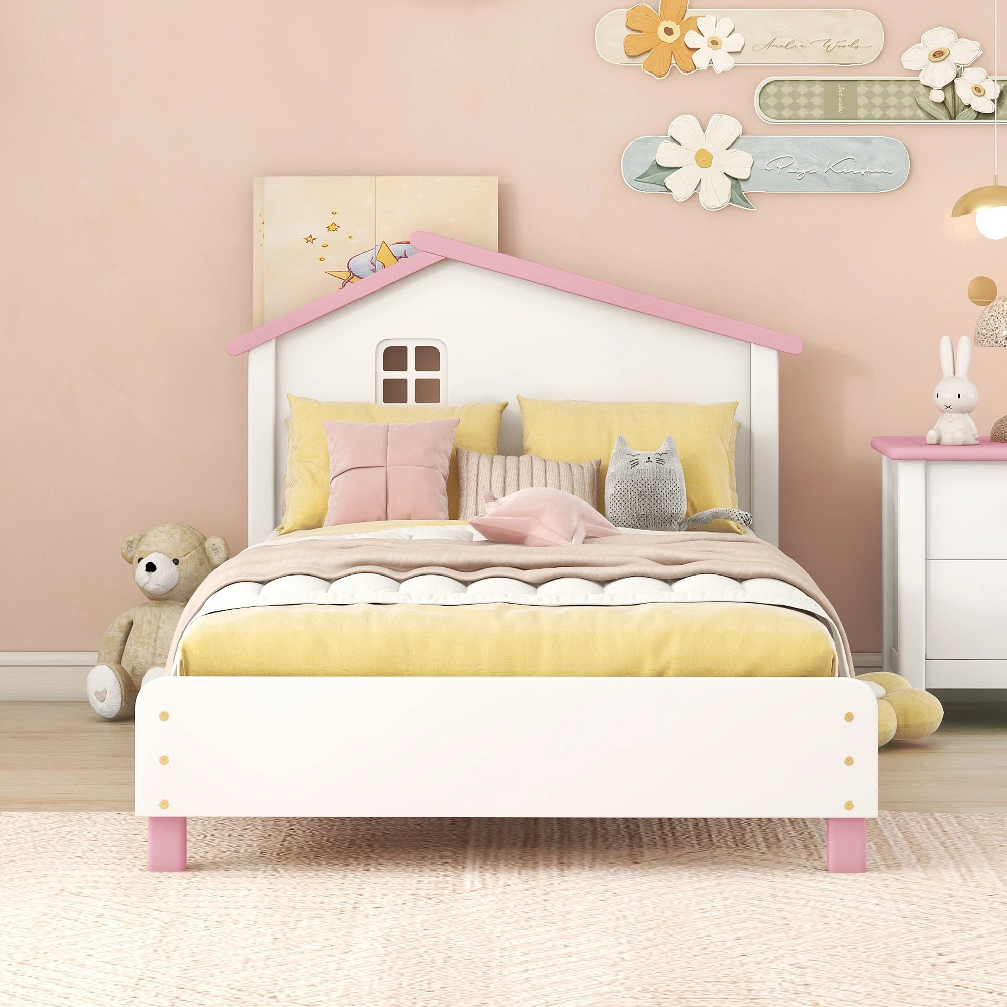 Twin Size Wood Platform Bed with House-Shaped Headboard, White and Pink   82.40x41.90x36.10 in.