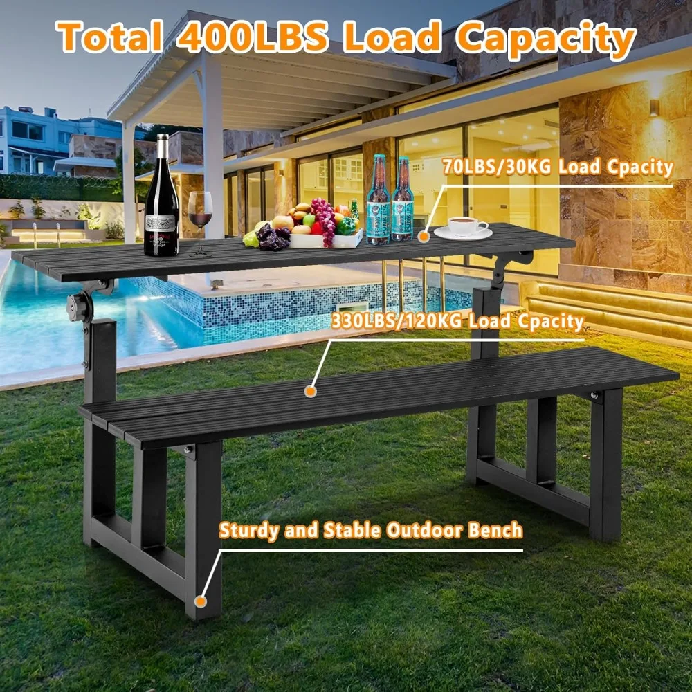 Banco de mesa de picnic de aluminio de 47 pulgadas, banco negro para exteriores cubierto con capacidad de peso de 400 libras para parque, jardín y