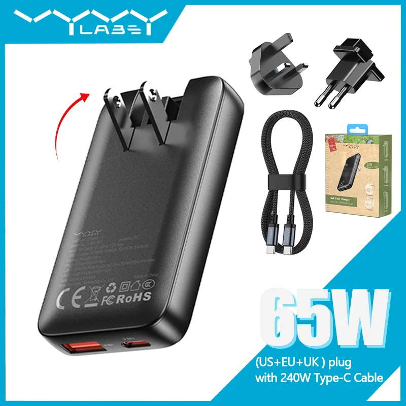 Ultra Thin 65W GaN Charger US/EU/UK USB-C Dual-Port Fast Charging Quick Charge3.0 PD3.0 PPS For Macbook Laptop iPhone Samsung
