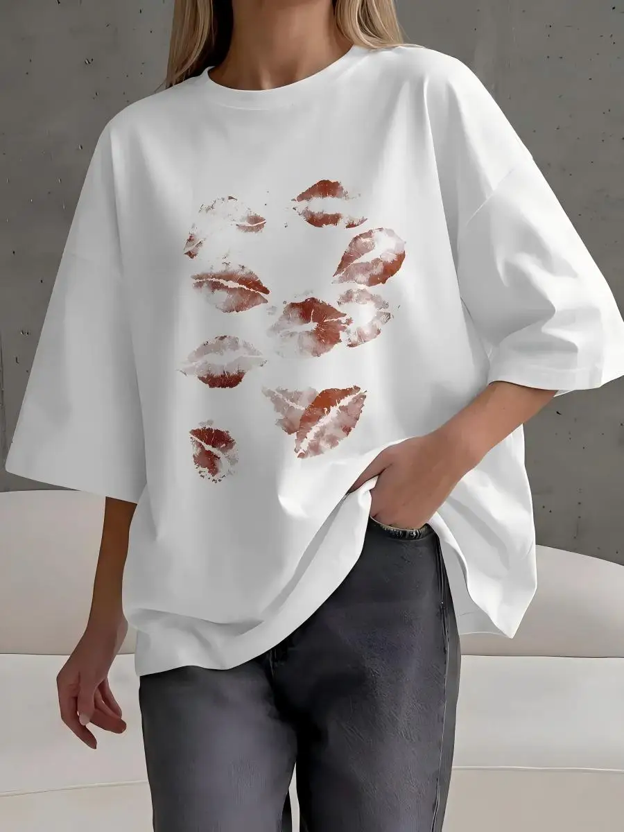 Women's Oversized Kiss Lip Print T Shirt Casual Short Sleeve Crew Neck Loose Fit Streetwear Summer Graphic Tee