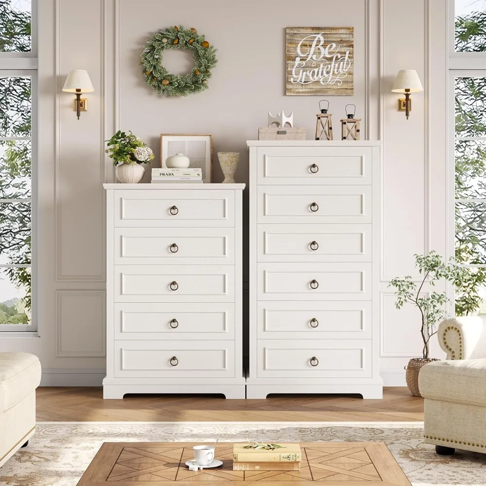 HOSTACK Cômoda de 5 gavetas para quarto, cômoda branca alta de 44 com 5 gavetas, cômoda branca com armazenamento, fazenda moderna