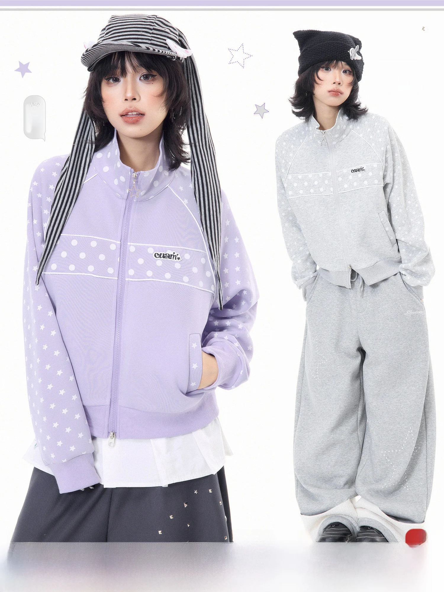 

MKGO Korean Polka Dot Splice oulder Sve Loose Casual ort Cardigan Women's Spring Versatile Warm Zipper Decorated Top