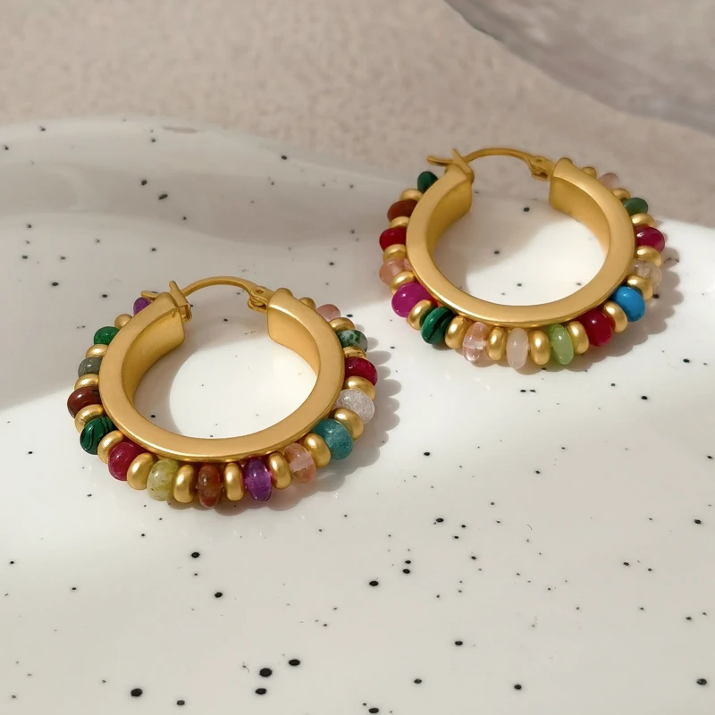 Fashion Jewelry Multi Color Green Blue Colorful Bead Stones Earrings For Women Girl Gift Hot Sale Design Hoop Accessories