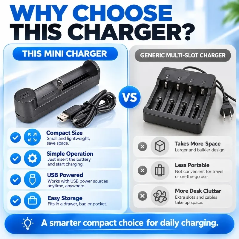 Mini Portable USB Battery Charger Single Slot Charger with Power Display Lithium Battery 18650 16340