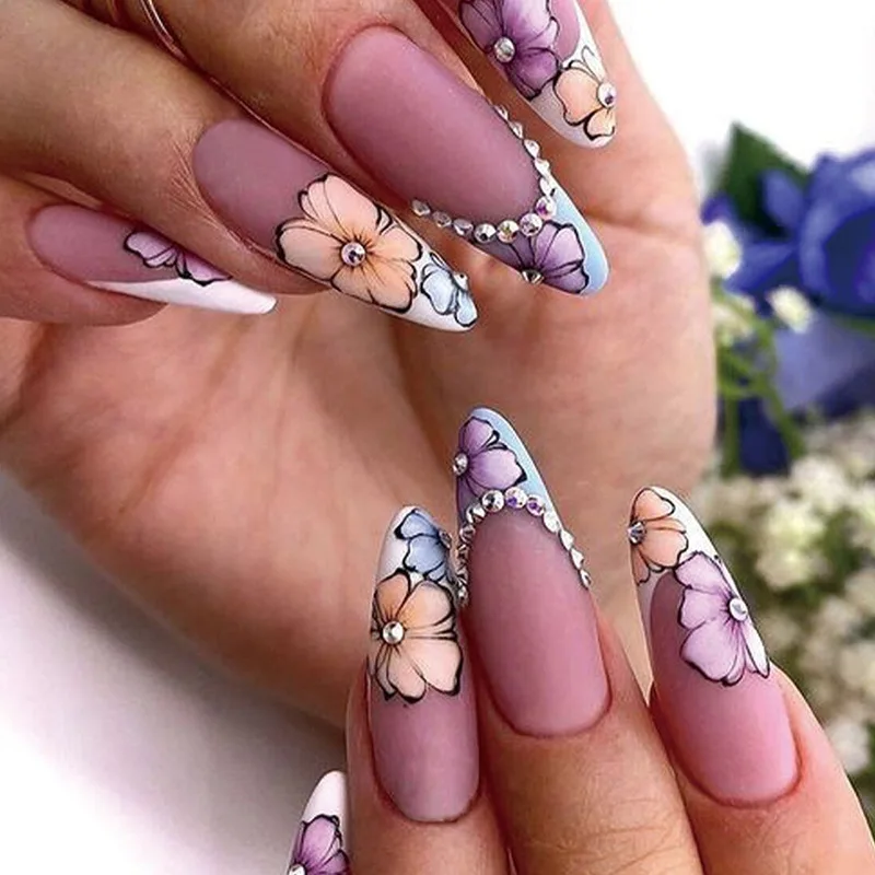 24Pcs French Fake Nail with Leopard Print Design Long Stiletto False Nails Wearabe Almond Press on Nails Full Cover Nail Tips