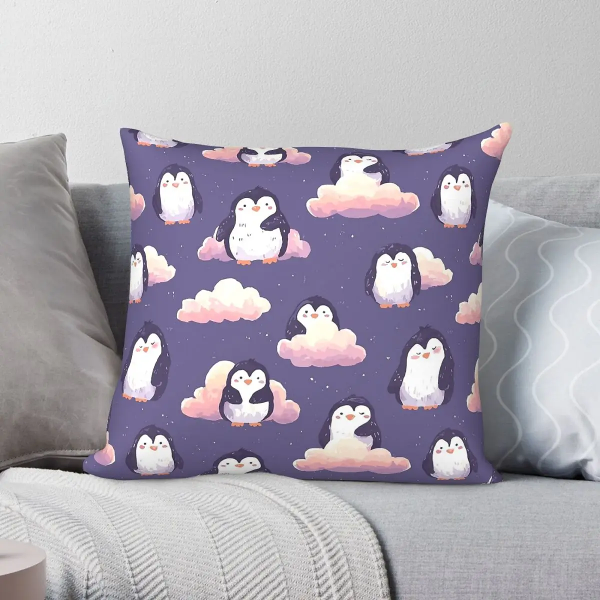 Sweet Penguin Cloud Pillowcase Polyester Linen Velvet Pattern Zip Decorative Throw Pillow Case Home Cushion Cover