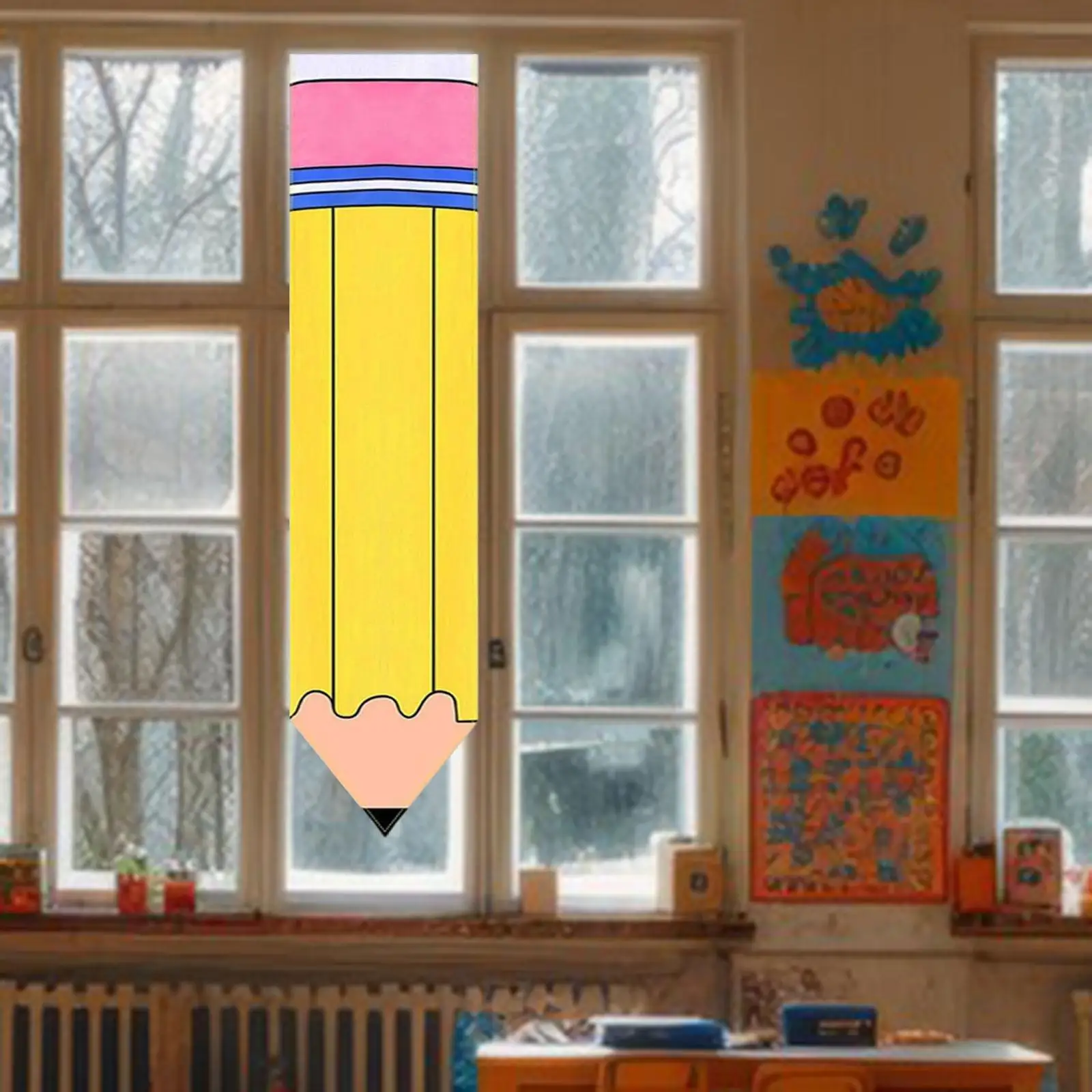 Adhesive Blackout Curtain Room Divider Pencil Pattern Short Curtain for Classroom Door and Window