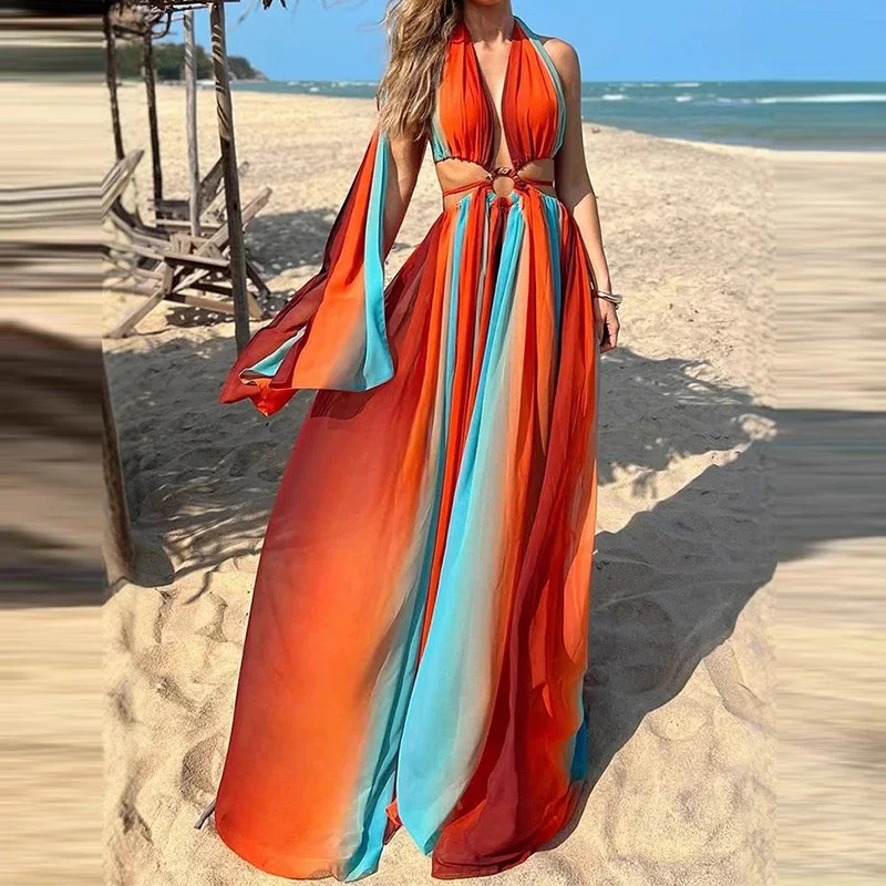 

Beach Maxi Dress Women Sexy High Slit Bohemian Dress Casual Waist Hollow Elegant Halter Slim Colorful Vocation Hem Dress
