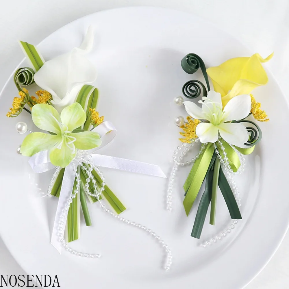 Artificial Flower Wrist Corsage Wristlet Band Bracelet and Men Boutonniere Set for Wedding Ceremony Anniversary Formal Dinner