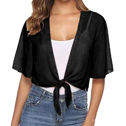 Bolero Chiffon Cardigan Women Summer Crop Tops Half Sleeve Elegant Wraps Shawls Cover Ups Bridal Wedding Cape Wrap Blouse Blusa