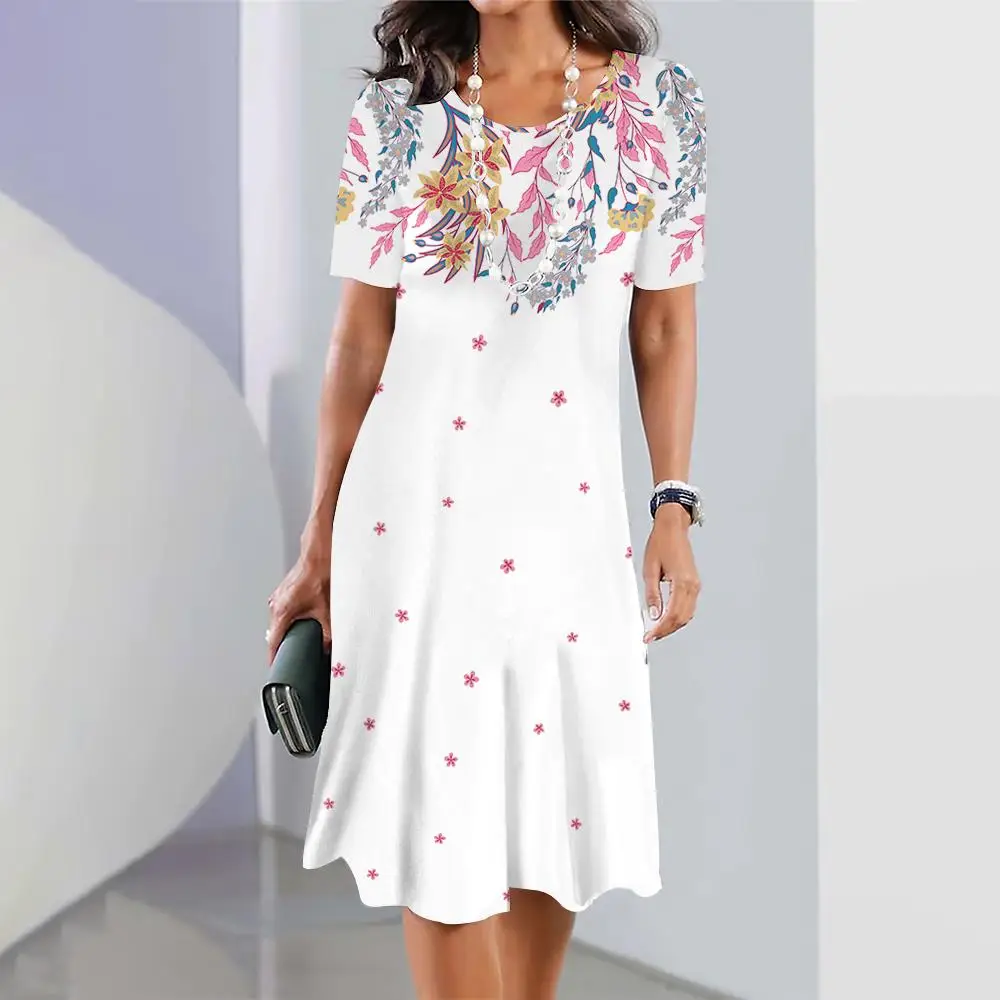 

Simple Printed Women's Dresses 2024 Summer Short Sleeve Clothing Casual Female Beach Party Skirt Sexy Ladies Knee-length Dresses