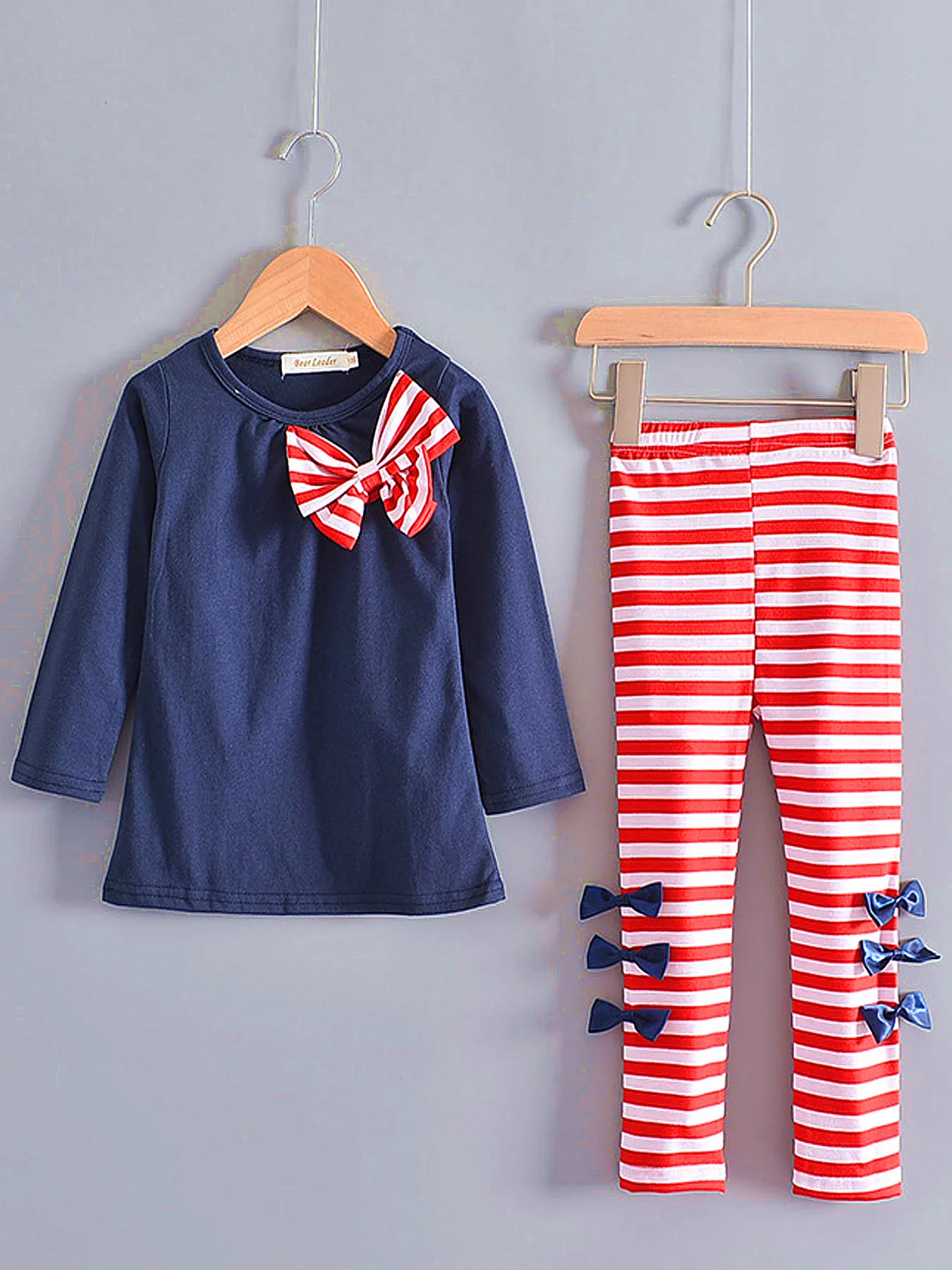 Mädchen-Outfit mit Schleifendekoration, Oberteil + Hose, 2-teilig, langärmliges, einfarbiges T-Shirt, Sweatshirt + gestreifte Leggings, Freizeitkleidung für Kinder, Frühlingsanzug – Detail 5