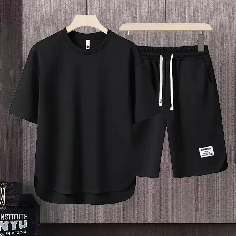 Summer Short-sleeved T-shirt Loose Drawstring Casual Suit Solid Color Men\'s T-shirt Drawstring Shorts Lazy Trend