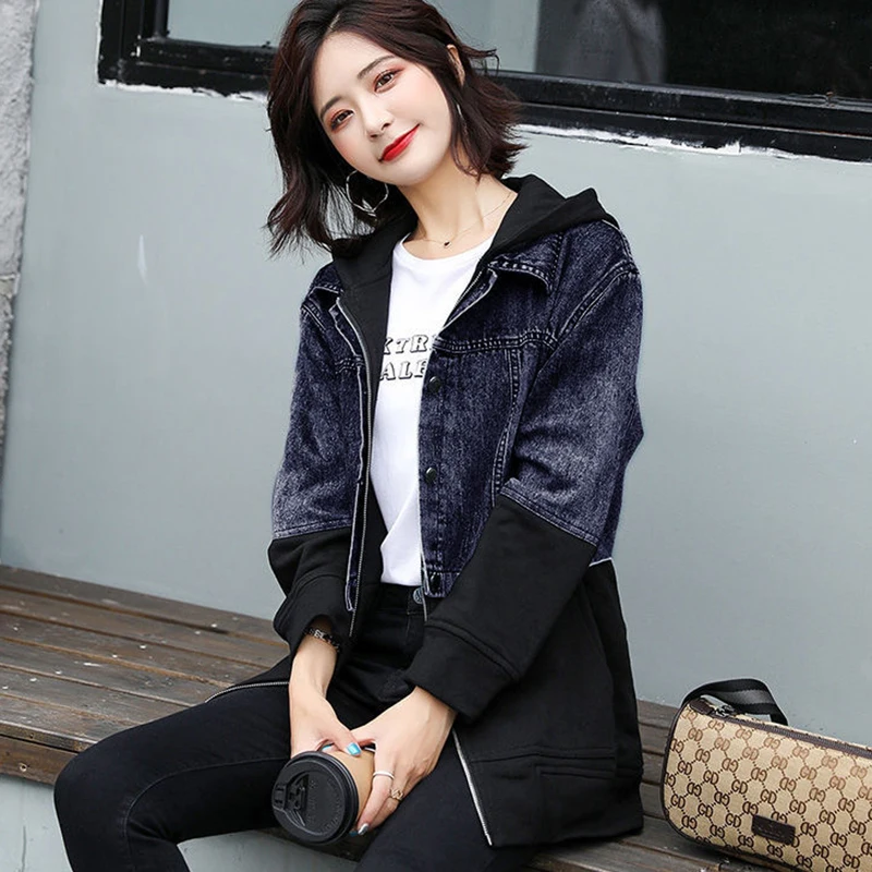  Women's Spring And Autumn TopsAutumn New Korean Version Casual All-match Windbreaker Mid-Length Hooded Stitching Denim