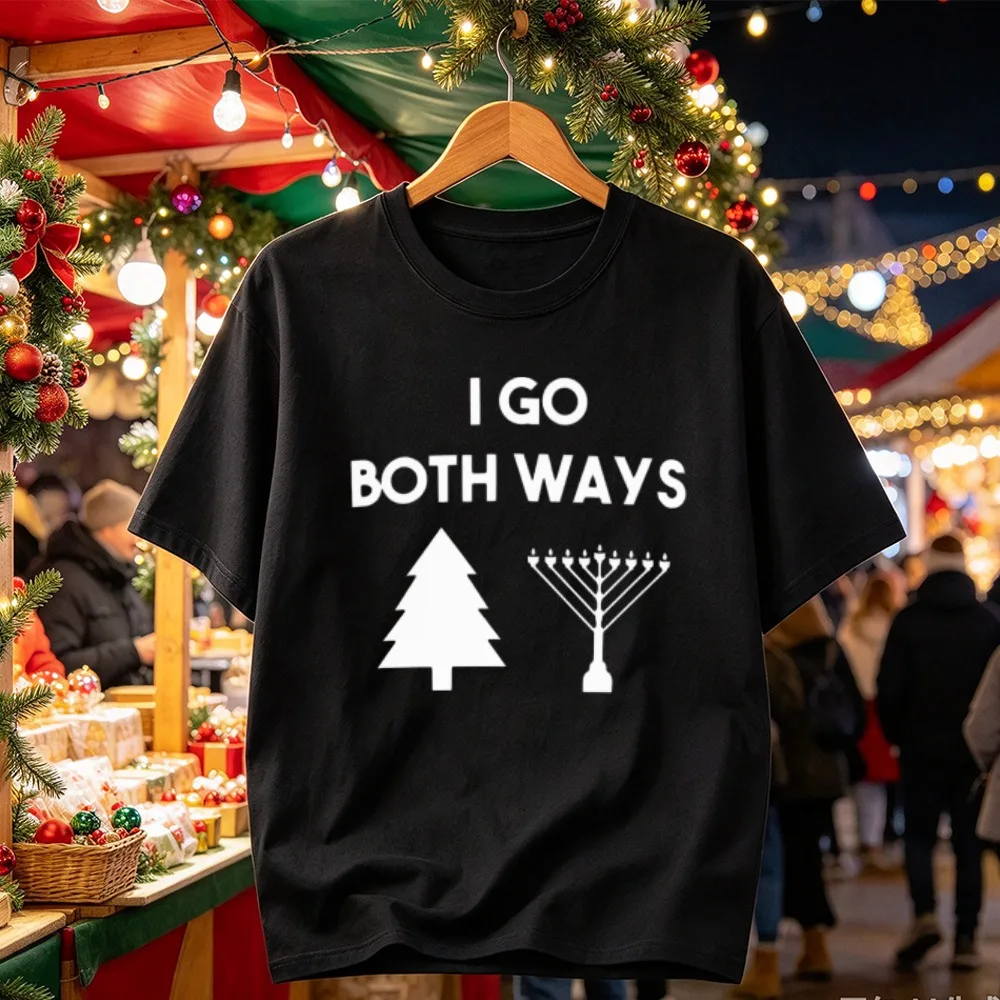 I Go Both Ways Chrismukkah Christmas Tree Menorah Text Graphic Print Casual Funny Xmas Hanukkah Dual Holiday Streetwear T-Shirt
