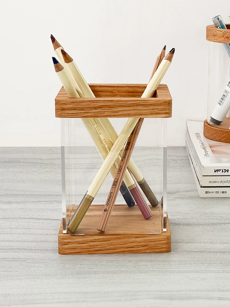 Small Fresh Solid Wood Transparent Pen Holder Acrylic Office Desktop Stationery Storage Box Makeup Desk Pen Brush Holder