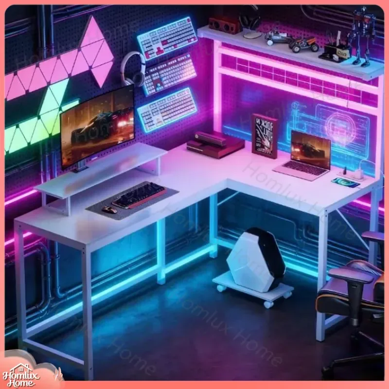 White Gaming Desk Computer Desk with Cable Management Adjustable Height Ergonomic Office Desk for PC Gaming Setup Home Office