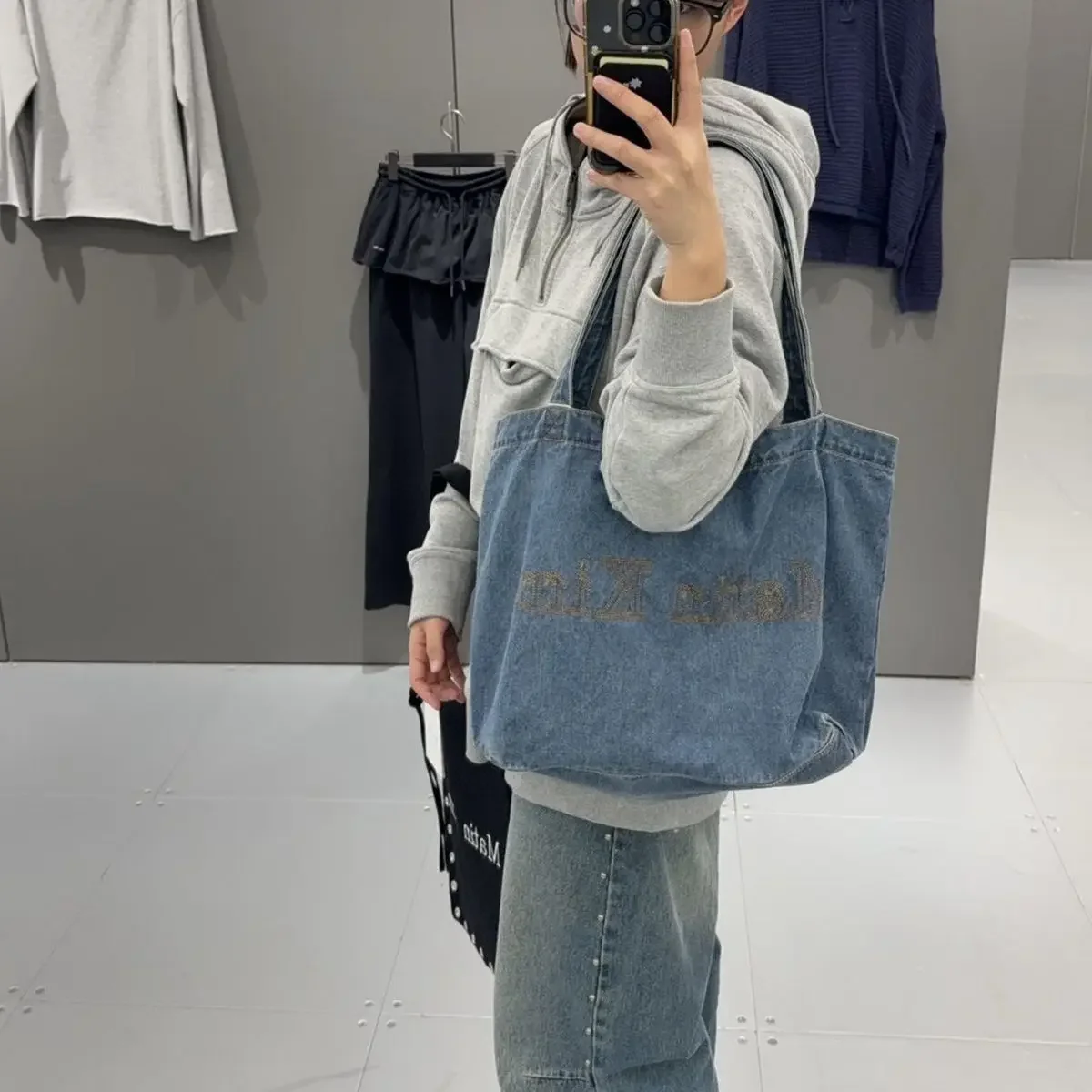 Matin Kim New Fashion Denim Shoulder Bag, Retro Blue Tote Handbag, Large Capacity Commuter Bag