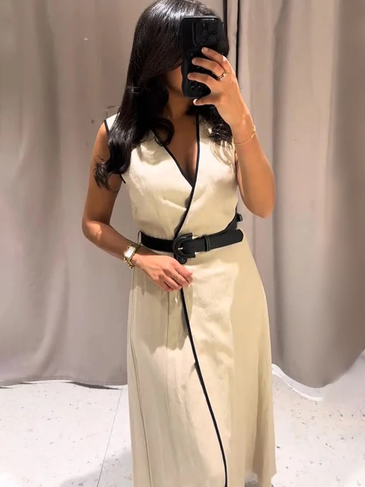 

HH Women Summer Fashion V-Neck Single-Breasted Dress Female Elegant Belt Blend Open-lined Embellished Sleeveless Midi Dress