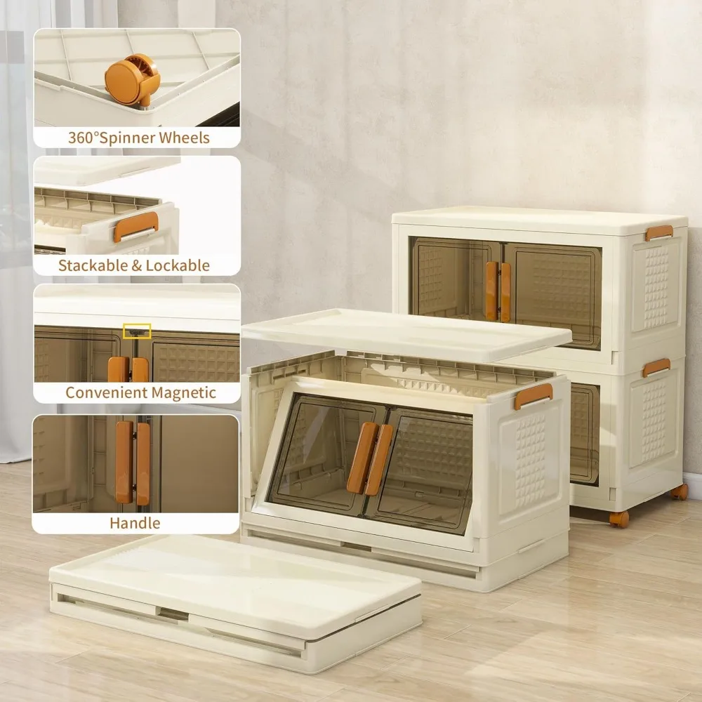 Cajones de almacenamiento transparentes plegables con ruedas, contenedores de plástico apilables, tapas incluidas, organizadores de armario para un almacenamiento eficiente